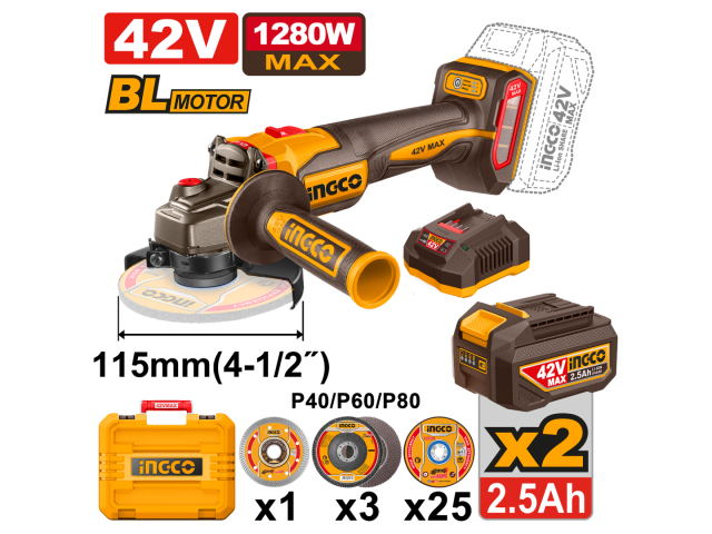 Meuleuse d'angle sans fil INGCO 42 V 115 mm (4-1/2") avec 2 batteries 2,0 Ah