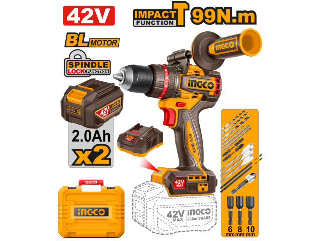 Perceuse-visseuse à percussion sans fil INGCO 42V
