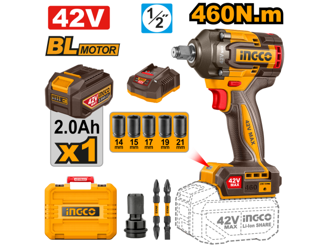 Clé à chocs sans fil Ingco 42 V 460 Nm