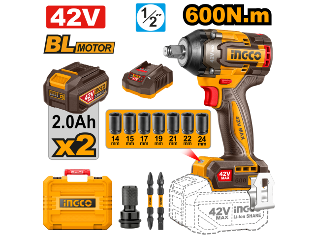 Clé à chocs sans fil Ingco 42 V/600 Nm