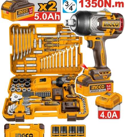 Coffret Outils 138 Pcs + Clé à Chocs 1350 Nm 20V INGCO