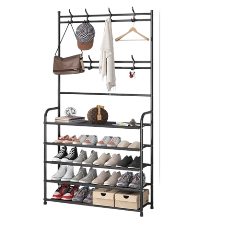Porte-Manteau Vestiaire avec Meuble à Chaussures 4 Niveaux & Crochets – Noir