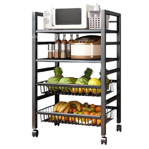 Desserte de Cuisine Multi-Niveaux à Roulettes – Étagères & Paniers à Fruits – Noir