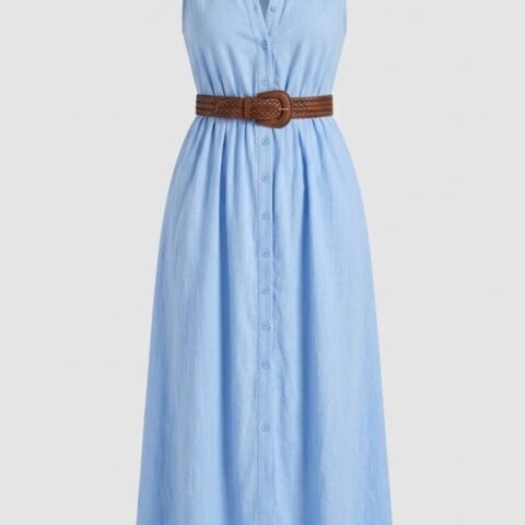 Robe Longue Sans Manches Boutonnée avec Ceinture