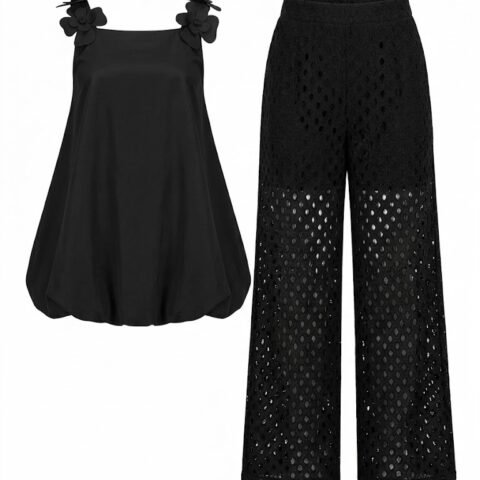 Ensemble Femme Chic Noir – Top Volume Floral et Pantalon Large Ajouré