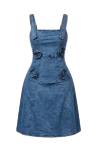 Robe Chic en Jean Courte avec Fleurs Relief et Bretelles Ajustables