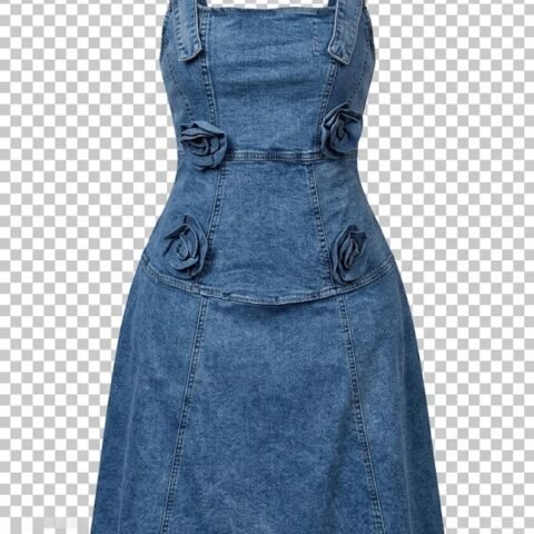 Robe Chic en Jean Courte avec Fleurs Relief et Bretelles Ajustables