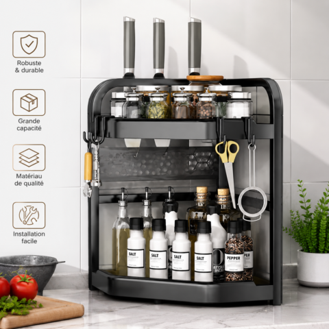 Étagère de rangement d’angle pour cuisine – 2 Niveaux