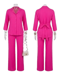 Tenue d'Été Femme Pantalon Large+ Chemisier avec Nœud dans le Dos