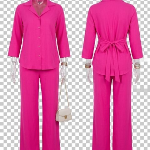 Tenue d'Été Femme Pantalon Large+ Chemisier avec Nœud dans le Dos