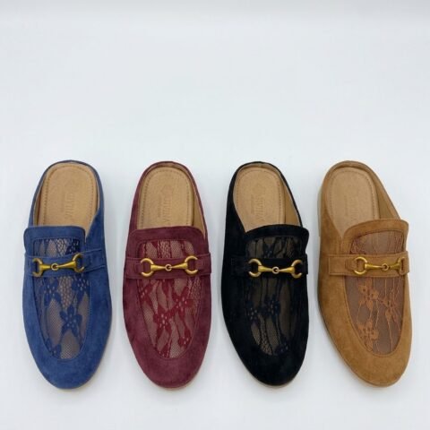 Mules Mocassins en Suédine et Dentelle pour Femme