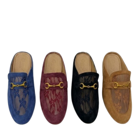 Mules Mocassins en Suédine et Dentelle pour Femme