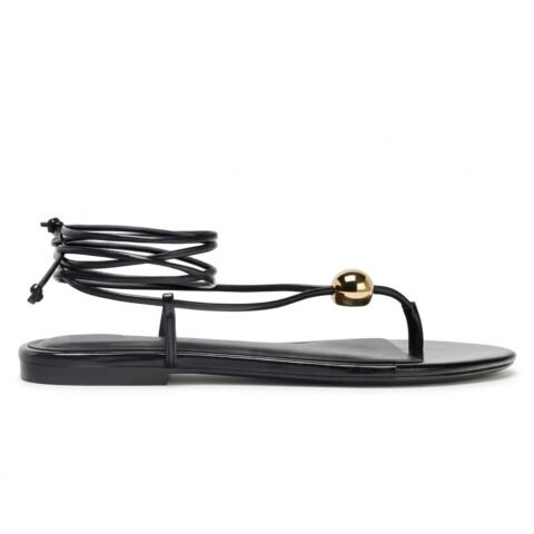 Nu-pieds entre-doigts en cuir noir à lacets cheville et bijou doré