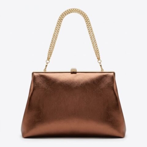 Pochette de soirée métallisé à fermoir rétro et chaîne dorée 20CM
