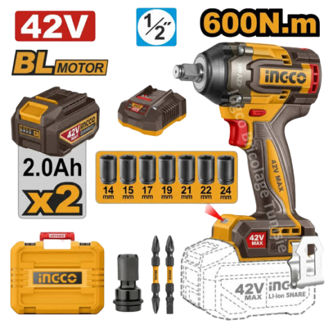 Clé à chocs sans fil Ingco 42 V au lithium-ion  600Nm