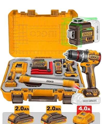 Kit Combiné Sans Fil 20V   Perceuse Brushless 76Nm + Niveau Laser Vert 3D + Télémètre 85m HLL260467